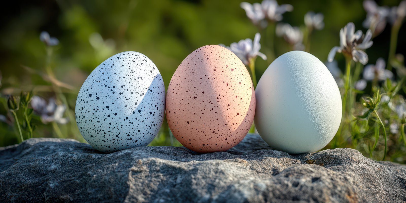 Beautifully colored eggs resting on a rock surrounded by blooming flowers in natural setting